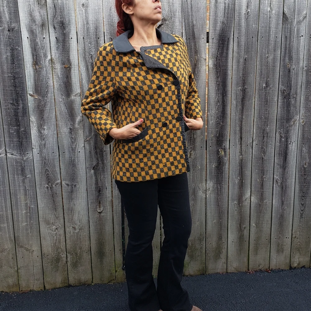 Vtg Mustard Yellow Wool & Grey Check Blend Double Breasted Moto Jacket Blazer L